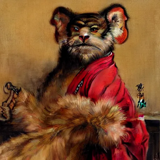 Prompt: a portrait of a hamato yoshi wearing a red kimono, hairy, feet, tail. highly detailed painting by gaston bussiere, craig mullins, j. c. leyendecker, furry