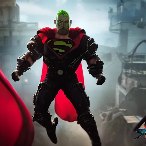 Image similar to pickle rick as superman! flying in ( gears of war ), splash art, movie still, detailed face, photorealistic facial features, cinematic lighting, dramatic, octane render, long lens, shallow depth of field, bokeh, anamorphic lens flare, 8 k, hyper detailed, 3 5 mm film grain