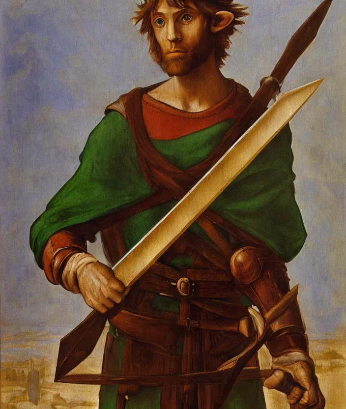 Prompt: oil painting portrait of Link holding the mastersword by Leonardo da Vinci