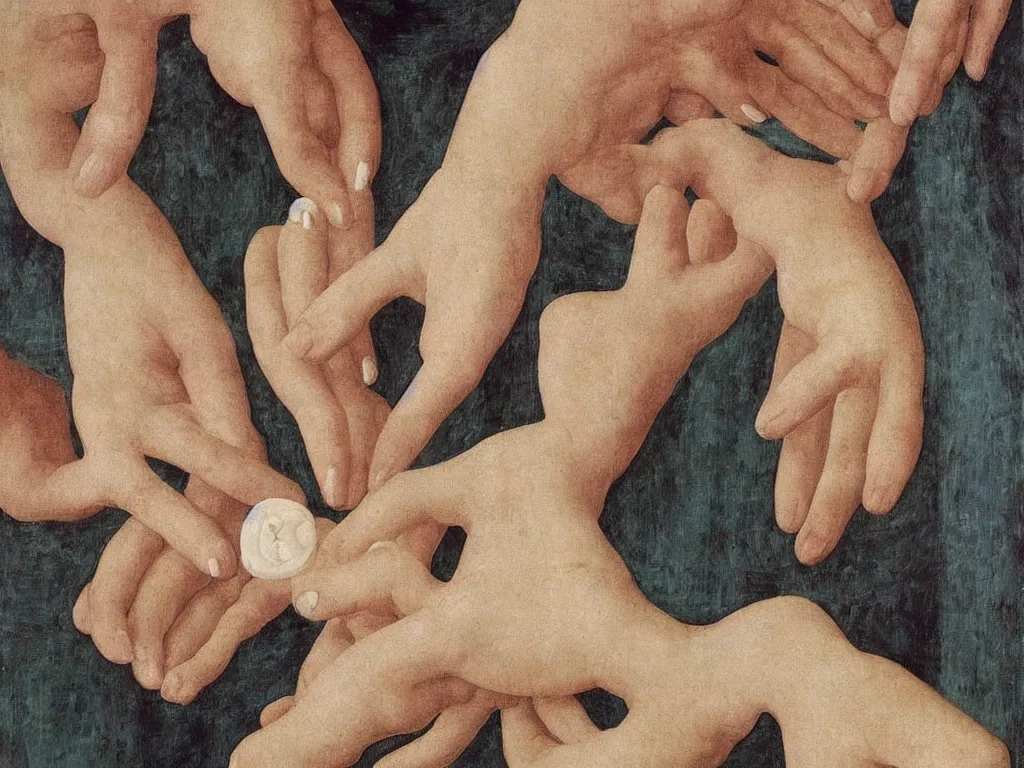Image similar to Delicate hands of a woman holding broken teeth. Piero della Francesca, Rene Magritte, Jean Delville, Max Ernst, Maria Sybilla Merian