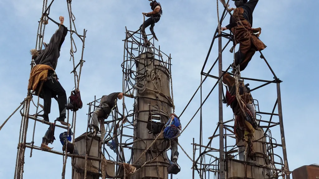 Image similar to hooded thieves use ropes to climb tall metal towers in a steampunk city