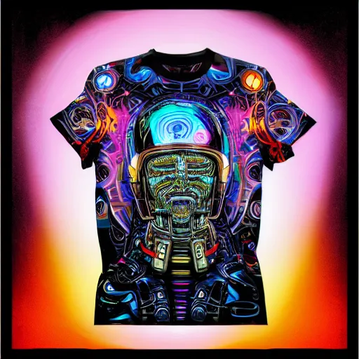 Prompt: mockup of a black tshirt with a hyperdetailed portrait of a steampunk robot by hajime sorayama, 8 k, symetrical, flourescent colors, happy trippy mood, multicolored,