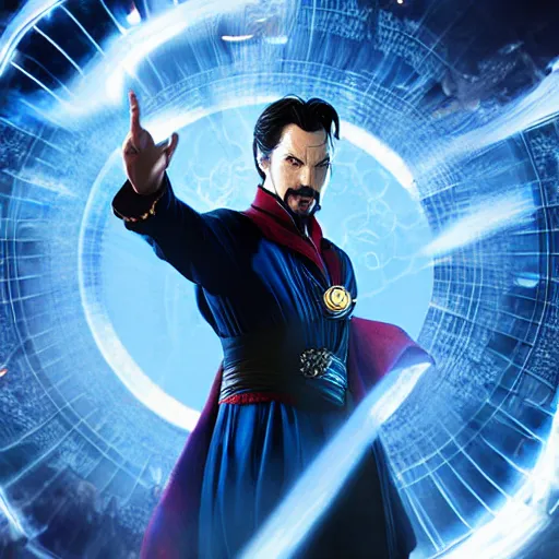 Prompt: doctor strange in neo suit, sharp focus, volumetric lighting, blue tint