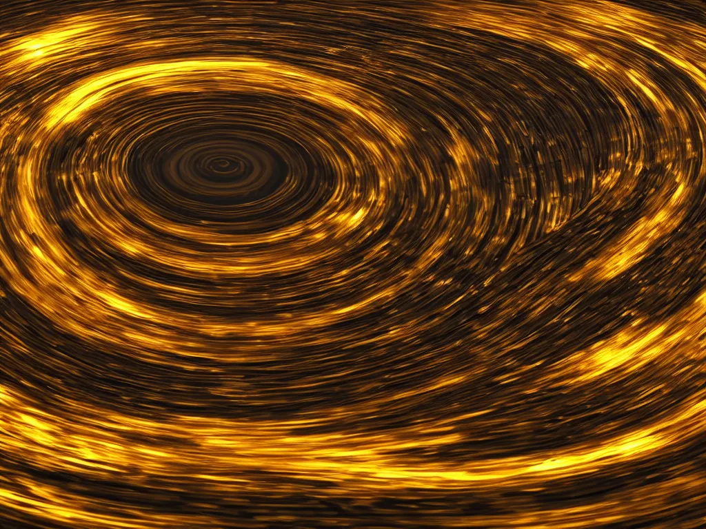 Image similar to fluid gold swirling into a black whole, wide angle perspective, 8 k, unreal engine 5, 3 d animation, big depth of field