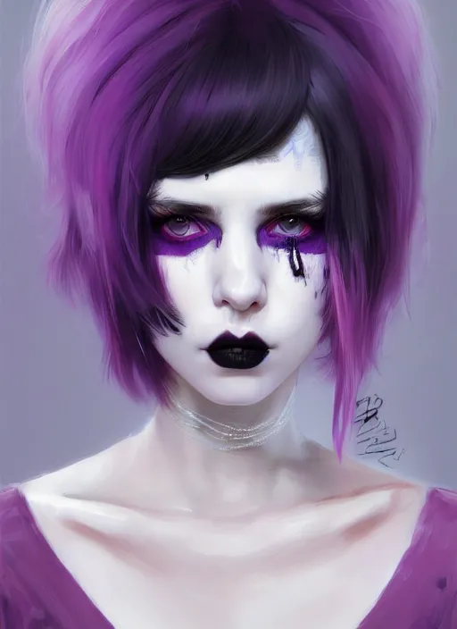 Image similar to portrait of white teenage girl, normal face, white bangs, mall goth, cyberlox, black and white hair, bangs, fluffy bangs, red contact lenses, purple lipstick, intricate, elegant, highly detailed, digital painting, artstation, concept art, sharp focus, smooth, illustration, art by wlop, mars ravelo and greg rutkowski