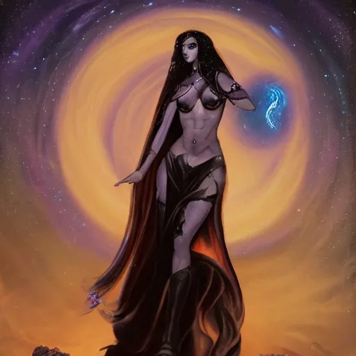 Prompt: the goddess Nyx cloaked in the night sky, highly detailed painting, trending on artstation