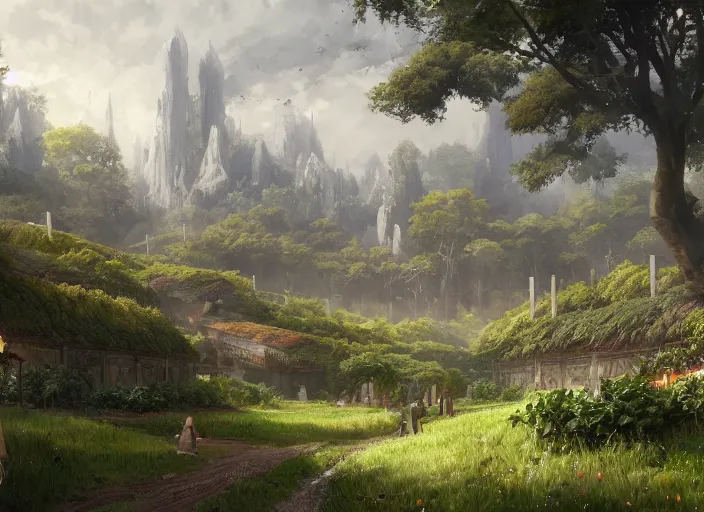 Image similar to Lush vegetable farms outside a beautiful elven city made of white marble, anime, lush trees, a fantasy digital painting by Greg Rutkowski and James Gurney, trending on Artstation, highly detailed