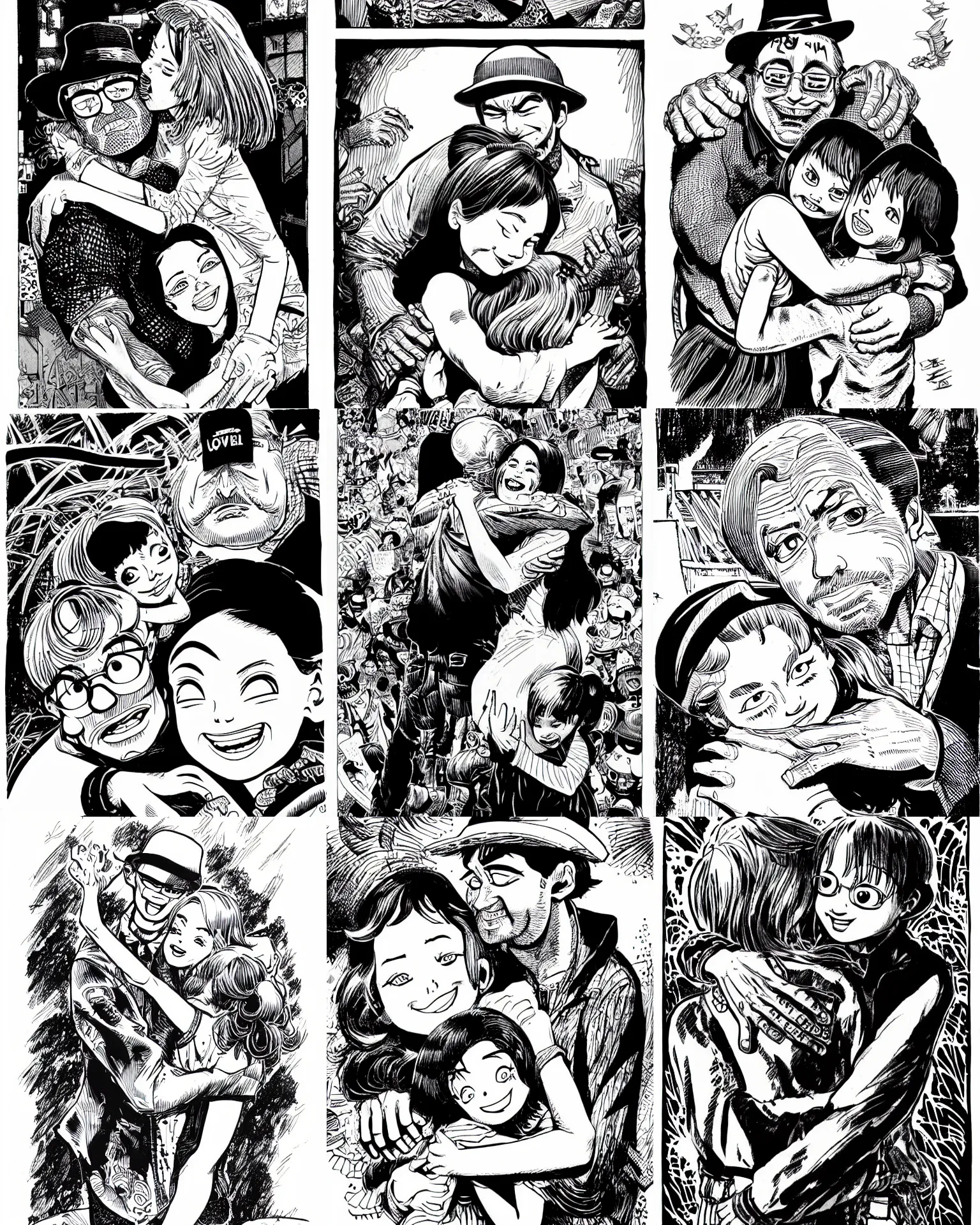 Prompt: highly detailed ink illustration of a loving father hugging his daughter, b & w clean shaped illustration by will eisner, ric estrada, ron english and eiichiro oda