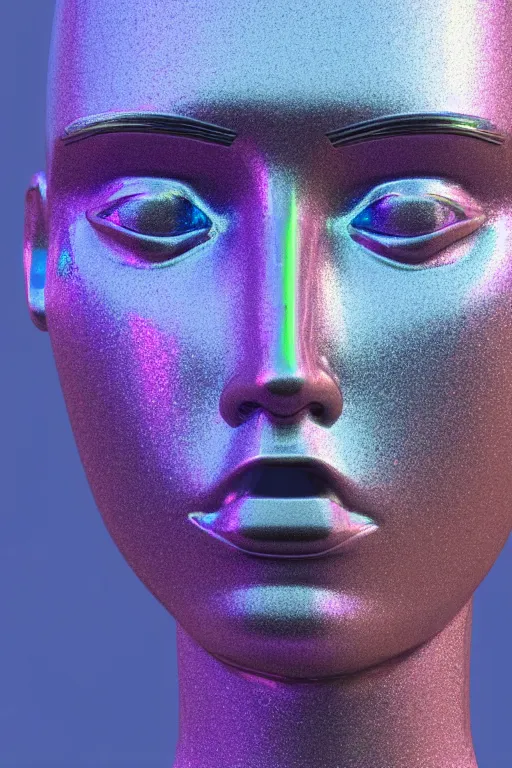Image similar to 3d render of holographic human robotic bust made of glossy iridescent, bust, surrealistic 3d illustration of a human non-binary, non binary model, 3d model human, cryengine, made of holographic texture, holographic material, holographic rainbow, concept of cyborg and artificial intelligence