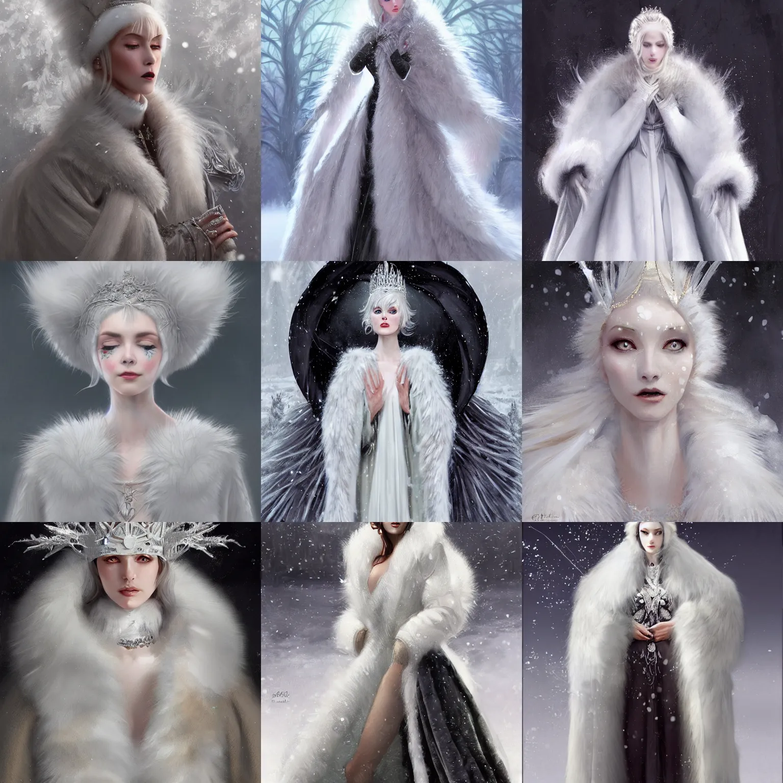 Prompt: ancient fashion 6 0 s snow queen in long big white fur coat, highly detailed, digital painting, artstation, concept art, smooth, sharp focus, illustration, artstation, art by giger and greg rutkowski and hikari shimoda and edmund blair leighton and charlie bowater, painted warhammer miniature