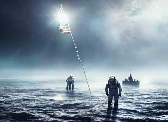 Image similar to astronaut holding a flag in an underwater desert. a submarine is visible in the distance. dark, concept art, cinematic, dramatic, atmospheric, 8 k, trending on artstation, blue, fish, low visibility, fog, ocean floor, christopher nolan, interstellar