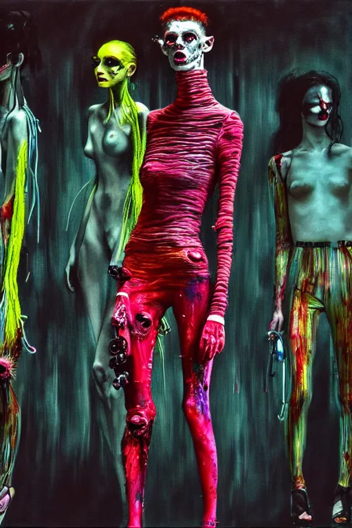 Image similar to crazy fashion catwalk, one model, crazy clothes, biopunk style, horror, clothes look like slime, hauntingly surreal, highly detailed painting by francis bacon, edward hopper, adrian ghenie, gerhard richter, and james jean soft light 4 k,