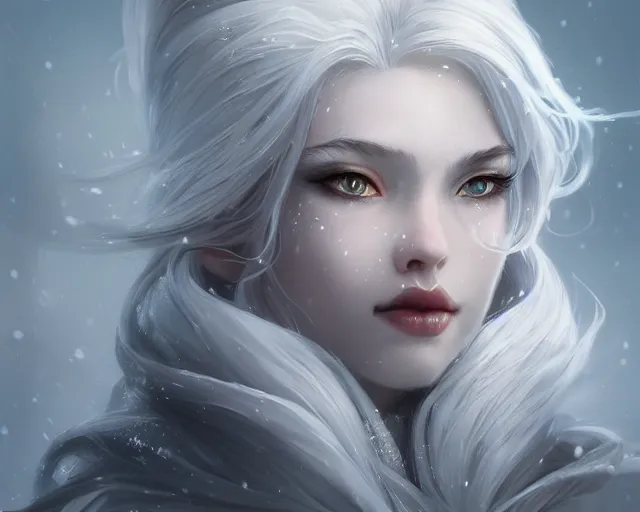 Image similar to a beautiful snow sorceress, flowy white grey hair, grey eyes, winter, frozen, snow, cinematic lighting, highly detailed, digital painting, trending on artstation, pixiv, concept art, sharp focus, illustration, art by ross tran and wlop, dark art