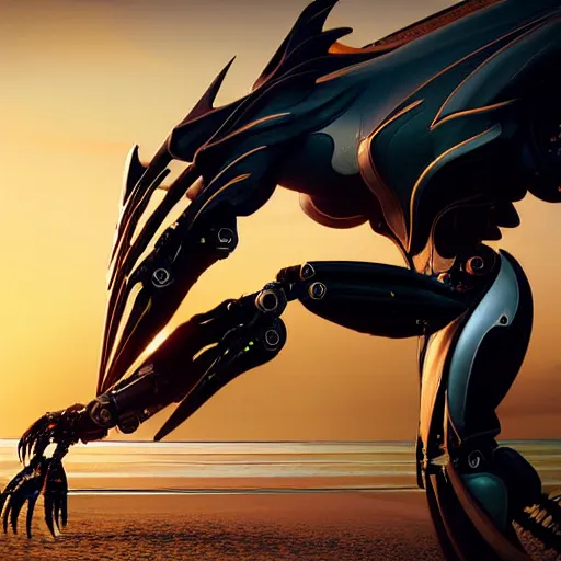 Image similar to looking up at a highly detailed 300 foot tall giant exquisite beautiful female warframe, as an anthropomorphic robot dragon, posing elegantly over your tiny form, camera on the ground, at the beach on a sunset, sleek streamlined design, streamlined matte black armor, sharp detailed claws, detailed sharp robot dragon feet, giantess shot, upward shot, ground view shot, front shot, cinematic shot, high quality warframe fanart, captura, realistic, professional digital art, high end digital art, furry art, giantess art, anthro art, DeviantArt, artstation, Furaffinity, 8k HD render, epic lighting