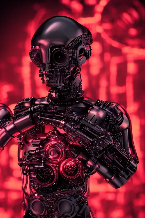 Image similar to photo of a carbon black cyborg, macro shot, dof, cinematic, volumetric lighting, studio shot, red light, 4 k