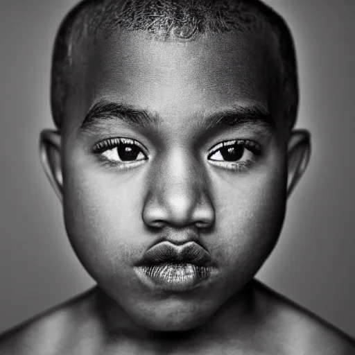 Prompt: the face of young kanye west at 1 0 years old, portrait by julia cameron, chiaroscuro lighting, shallow depth of field, 8 0 mm, f 1. 8