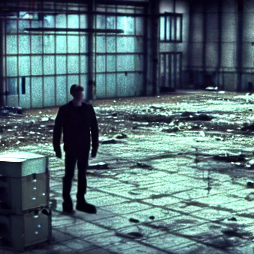 Image similar to runaway replicant standing in a dirty abandoned factory, still from closed circuit tv footage, high angle