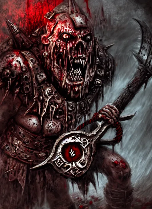 Prompt: berserker of khorne, blood warrior, evil, bloody axe, screaming, insanity, anger, psychopath, intricate, bloody runes, runes, bottom up lighting, warhammer, warhammer 4 0 k, highly detailed, digital painting, concept art, sharp focus, illustration, psychedelic, grim dark, moody, gloomy, art by john blanche