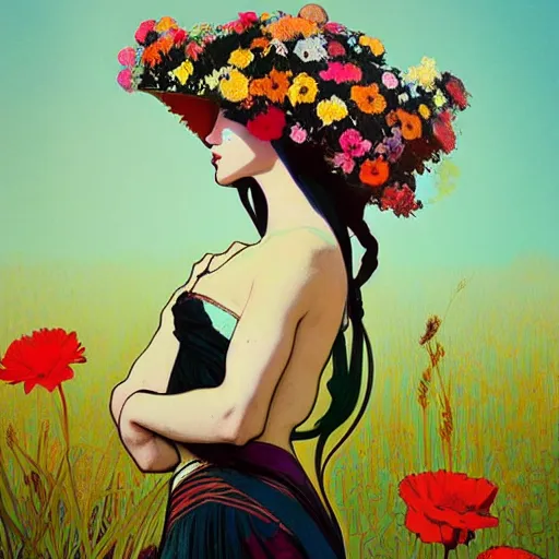 Image similar to a beautiful painting of a girl in a field of flowers with a helmet by andy warhol and conrad roset and alphonse mucha and nekro and greg rutkowski. colorful comic, film noirs, symmetry, sharp lines, hyper detailed. octane render. trending on artstation