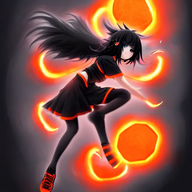 Dark anime character with glowing blue eyes surrounded by red flames