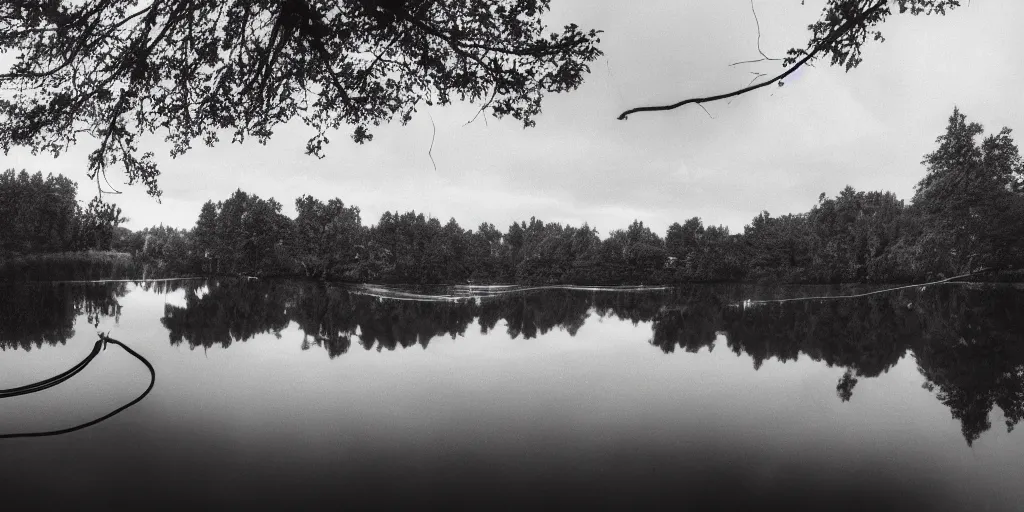 Image similar to symmetrical photograph of an infinitely long rope submerged on the surface of the water, the rope is snaking from the foreground towards the center of the lake, a dark lake on a cloudy day, trees in the background, moody scene, anamorphic lens