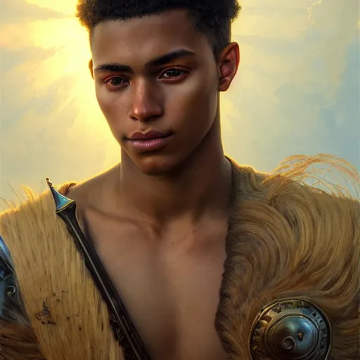Prompt: portrait painting of a sun - kissed young melancholic man with a soft face and short blonde hair wearing armor, ultra realistic, concept art, intricate details, eerie, highly detailed, photorealistic, octane render, 8 k, unreal engine. art by artgerm and greg rutkowski and charlie bowater and magali villeneuve and alphonse mucha
