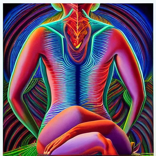 Prompt: a beautiful painting of a human/computer system, a side-view of a person sitting on their desk programming by Alex Grey