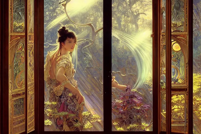 Prompt: large rustic intricately decorated wooden double door, metal handles, a view to a fantasy world, ethereal back light, mist, coherent composition, fantasy painting by noriyoshi ohrai, yuumei, alphonse mucha