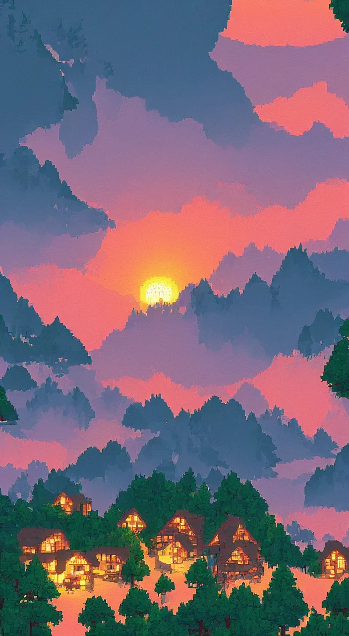 Prompt: a dreamy sunset in the mountain with houses in pixelart style, highly detailed, illustration