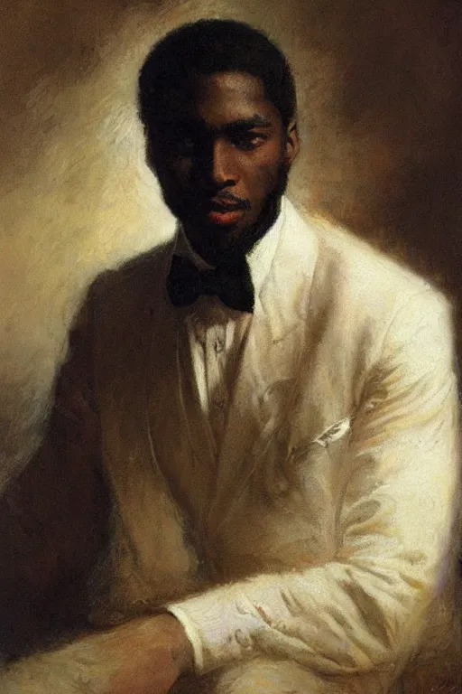 Prompt: portrait of a sophisticated black man in a pristine white dress shirt. his eyes are black pits of cosmic darkness. art by gaston bussiere.