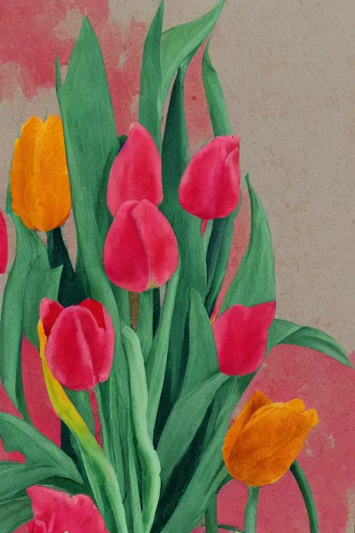 Image similar to colorful sketch in a simple style of a side view of a planted tulip with roots going deep into the ground with the colors of mexico