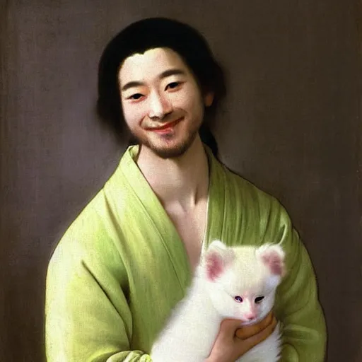 Image similar to A beautiful young Asian man with long shiny hair, light skin color and big green eyes in a beautiful traditional Chinese robe, holding a white fluffy kitten and watching dolphins playing in the pool, he is a prince and a serious person but is smiling, by Johannes Vermeer, Frank Frazetta and William Adolphe Bouguereau, fantasy, trending on artstation, amazing details, mtg, digital painting, concept art