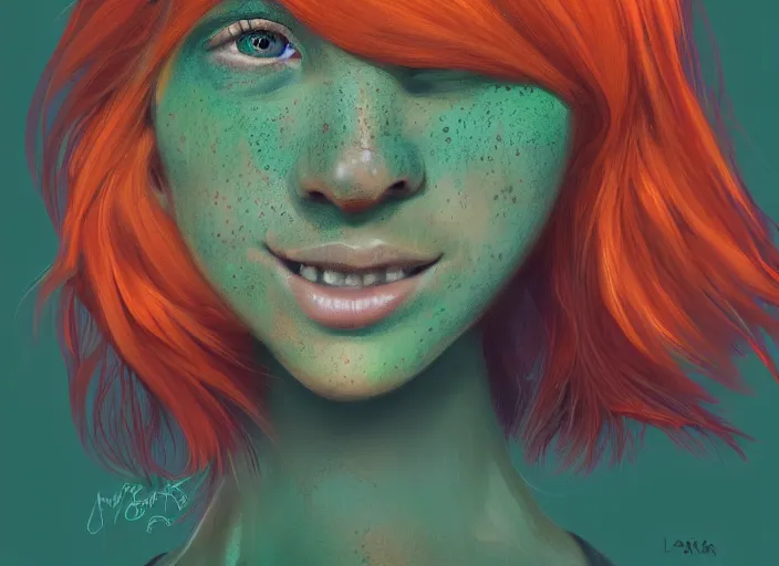 Image similar to portrait of a beautiful smiling girl with orange hair and freckles, green eyes, highly detailed, digital painting, concept art, smooth, sharp, focus, background is purple, artstation, style by Laia López