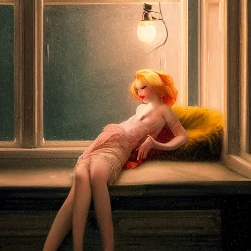 Prompt: Elle Fanning as a porcelain doll at night in the world of Edward Hopper, stormy snowy weather, streetlights, extremely detailed masterpiece, oil on canvas, low-key neon lighting, artstation, Blade Runner 2049, Roger Deakin’s cinematography, by J. C. Leyendecker and Peter Paul Rubens,