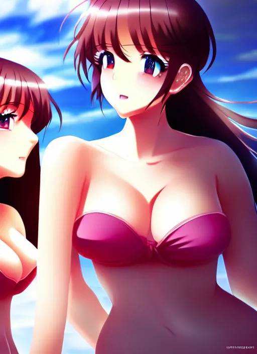 Image similar to two beautiful mothers out on a humid summer day, gorgeous faces, thick lines, cinematic lighting, detailed anime art