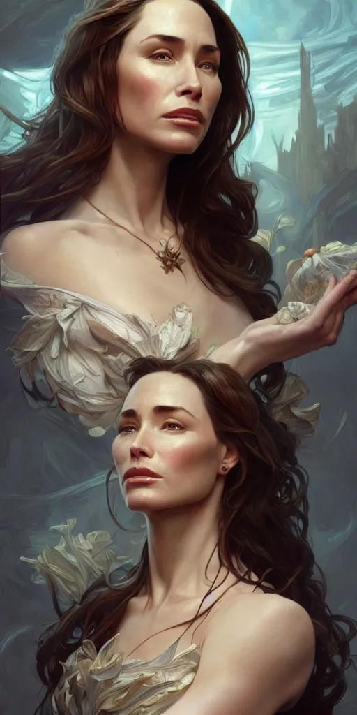 Image similar to Claire Forlani, intricate, highly detailed, digital painting, artstation, concept art, smooth, sharp focus, illustration, Unreal Engine 5, 8K, art by artgerm and greg rutkowski and alphonse mucha