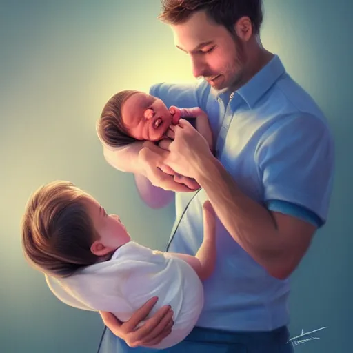 Prompt: husband and wife standing together holding their newborn baby girl, beautifully lit, detailed, by artgerm, mumford and rutkowski, artstation cgsociety