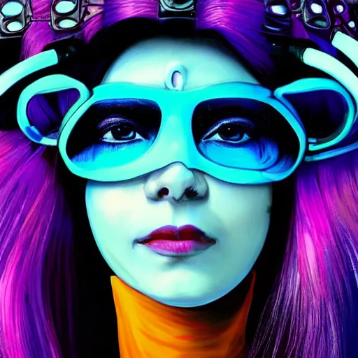 Image similar to closeup painting of a very beautiful young mexican cyberpunk woman with a smile, light blue neon shutter shades!! on her face, and a purple coloured leather jacket, one side haircut, long brown hair with light blue ends, portrait, sci - fi, hyperdetailed, cgsociety, synthwave by tangerine dream, by jean - michel jarre, by vangelis, by john carpenter