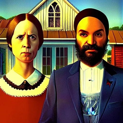 Image similar to Justin Trudeau together with Jagmeet Singh in the american gothic painting, concept art, sharp focus, highly detailed digital painting by Grant Wood, artstation