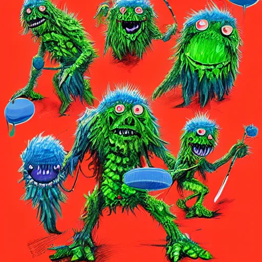 Prompt: an army of differnt tennis ball monsters, colorful, digital art, fantasy, magic, chalk, trending on artstation, ultra detailed, professional illustration by basil gogos