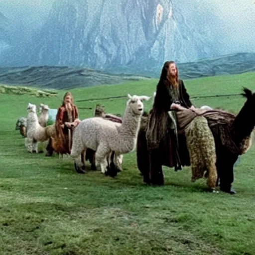 Image similar to still from lord of the rings showing the ride of the rohirrim, but on alpacas