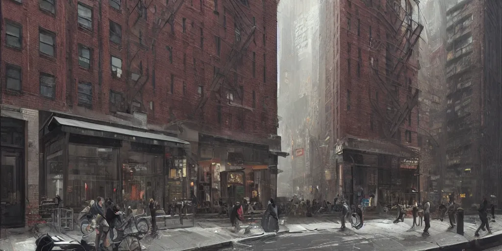 Image similar to new york city block facade. texture. doors. storefronts. no windows. street. art by greg rutkowski and william o'connor