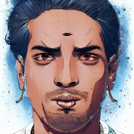 Image similar to a study of cell shaded portrait of a Handsome Indian man with turnban concept art, llustration, post grunge, concept art by josan gonzales and wlop, by james jean, Victo ngai, David Rubín, Mike Mignola, Laurie Greasley, highly detailed, sharp focus, alien, Trending on Artstation, HQ, deviantart, art by artgem