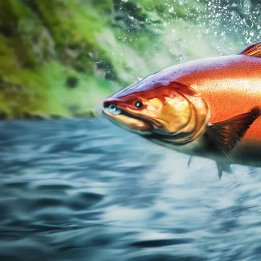 Prompt: movie still of a jumping salmon in alaska, splash art, photorealistic features, cinematic lighting, dramatic, octane render, long lens, shallow depth of field, bokeh, anamorphic lens flare, hyper detailed, 3 5 mm film grain