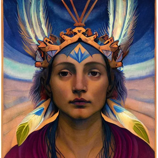 Prompt: the dawn crown, by Annie Swynnerton and Nicholas Roerich and Diego Rivera, bioluminescent skin, feather tattoos, elaborate costume, geometric ornament, symbolist, soft colors, smooth, sharp focus, extremely detailed