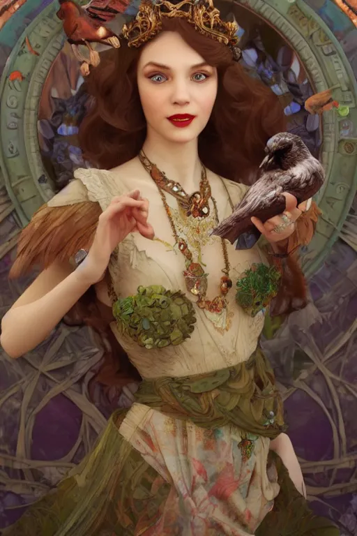 Image similar to face closeup, 3 d render of english princess holding birds, ornaments, background ornaments, mucha vibe, dieselpunk, solarpunk, artstation