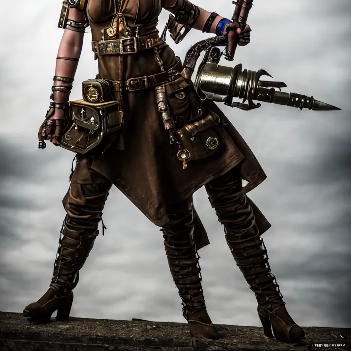 Image similar to full length photo of a very beautiful female dieselpunk warrior, 8 k, hdr, smooth, sharp focus, high resolution, award - winning photo