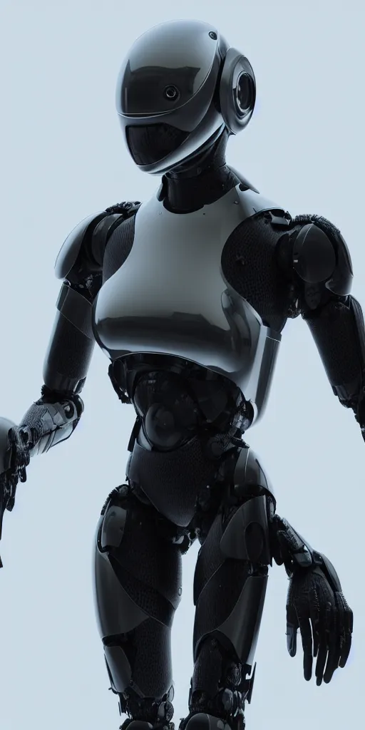 Image similar to hyper realistic ex machina, glossy material hard surface, body armour, octane render, 4 k, volumetric lights