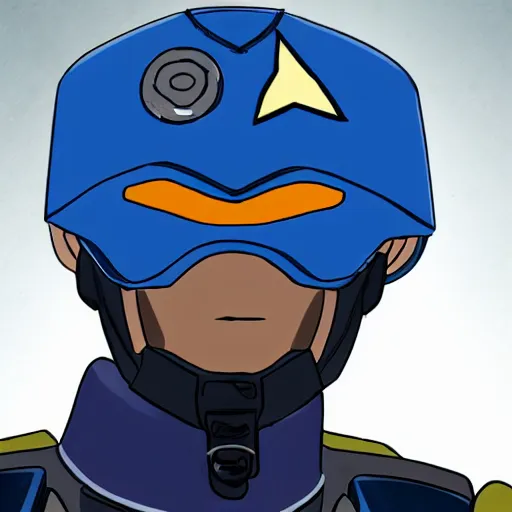 Image similar to a futuristic soldier captain with a metal visor and a blue shoulderpad in anime style