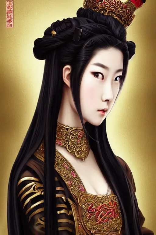 Image similar to a lovely and shiny young empress of qing dynasty, face by artgerm, ross tran, fuji choko, loish, 8 k resolution, attractive, symmetrical portrait, beautifully detailed landscape of ruin, trending on pixiv and pinterest, charming black eyes, luxury, perfect face, smooth, dreamlike